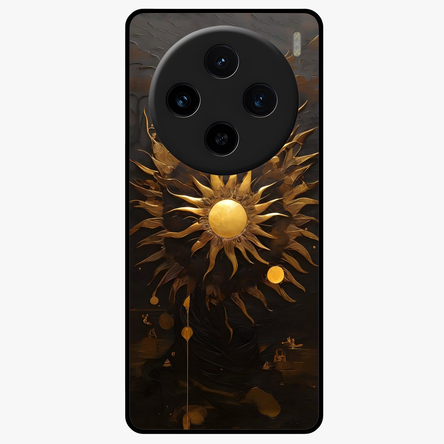 Golden Sun Majesty Glass Case showing flat back view with radiant golden sun artwork and glossy glass finish.