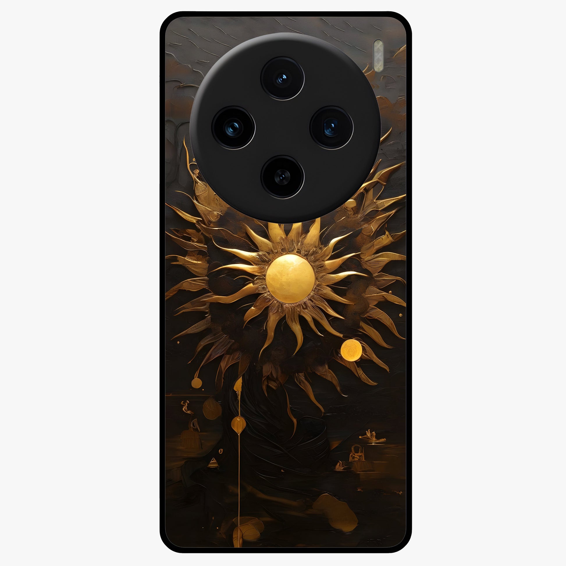 Golden Sun Majesty Glass Case showing flat back view with radiant golden sun artwork and glossy glass finish.