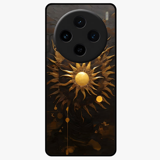 Golden Sun Majesty Glass Case showing flat back view with radiant golden sun artwork and glossy glass finish.