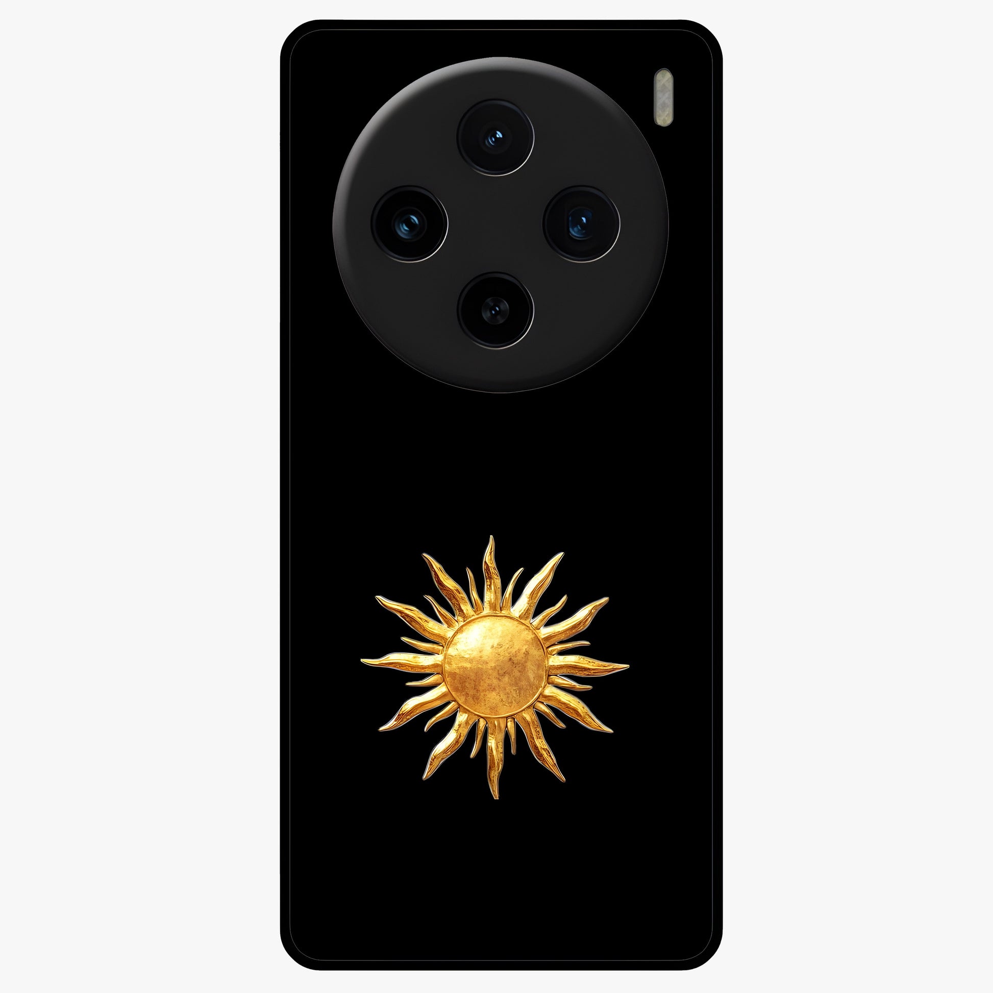 Golden Sun Minimalism Glass Case showing flat back view with minimal golden sun artwork and glossy glass finish.