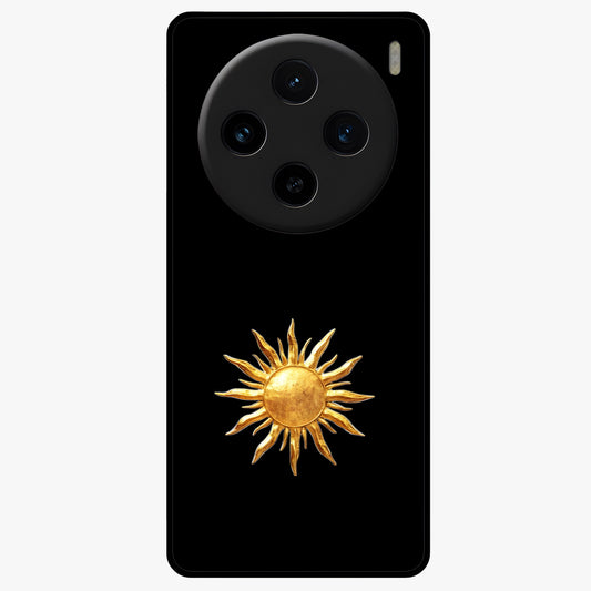 Golden Sun Minimalism Glass Case showing flat back view with minimal golden sun artwork and glossy glass finish.