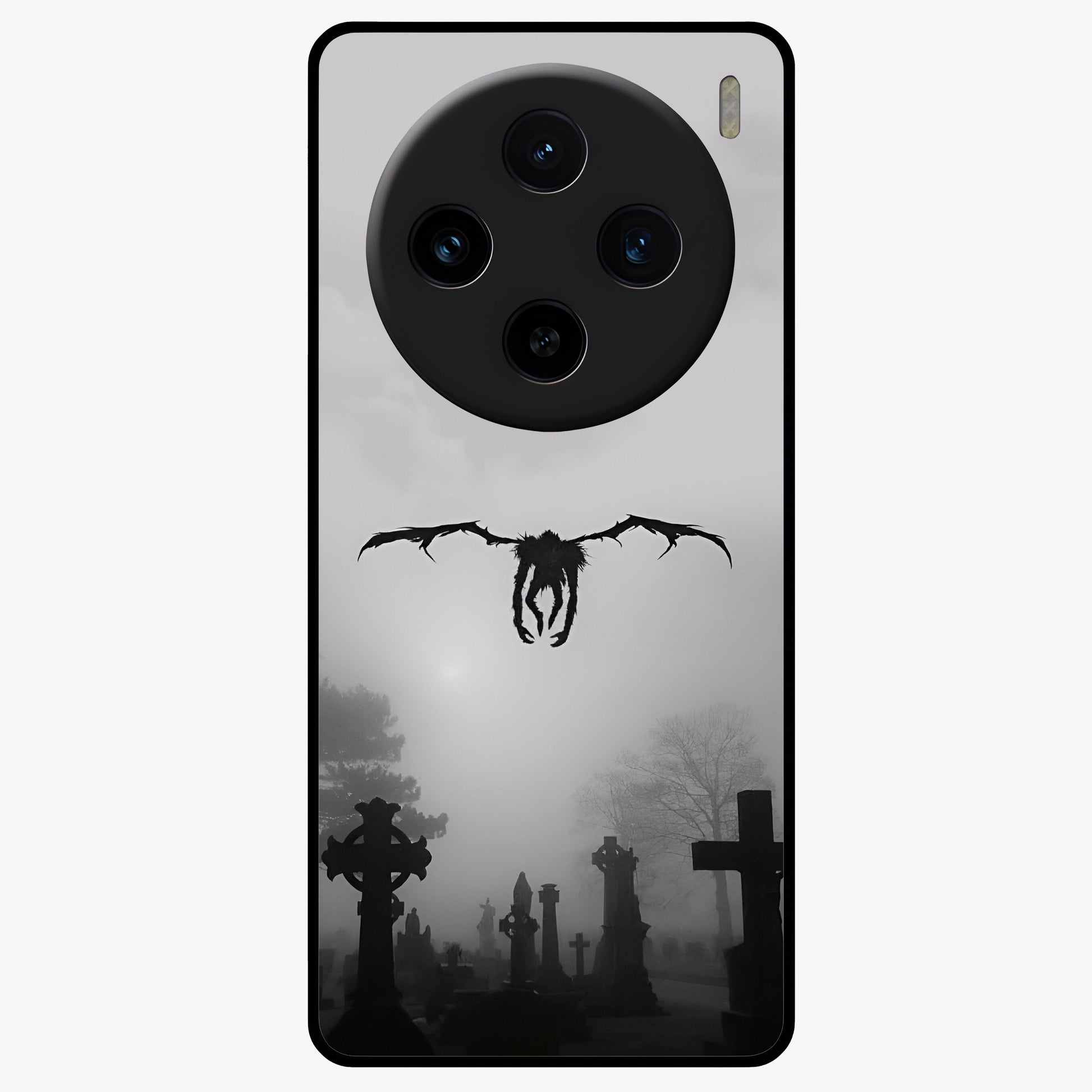 Graveyard Shadow Descent Glass Case showing flat back view with dark graveyard themed artwork and glossy glass finish.