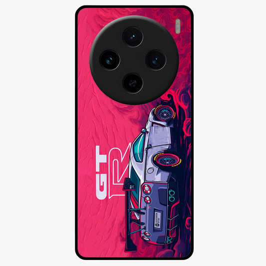 GT-R Car Pattern Glass Case showing flat back view with sporty car inspired pattern artwork and glossy glass finish.