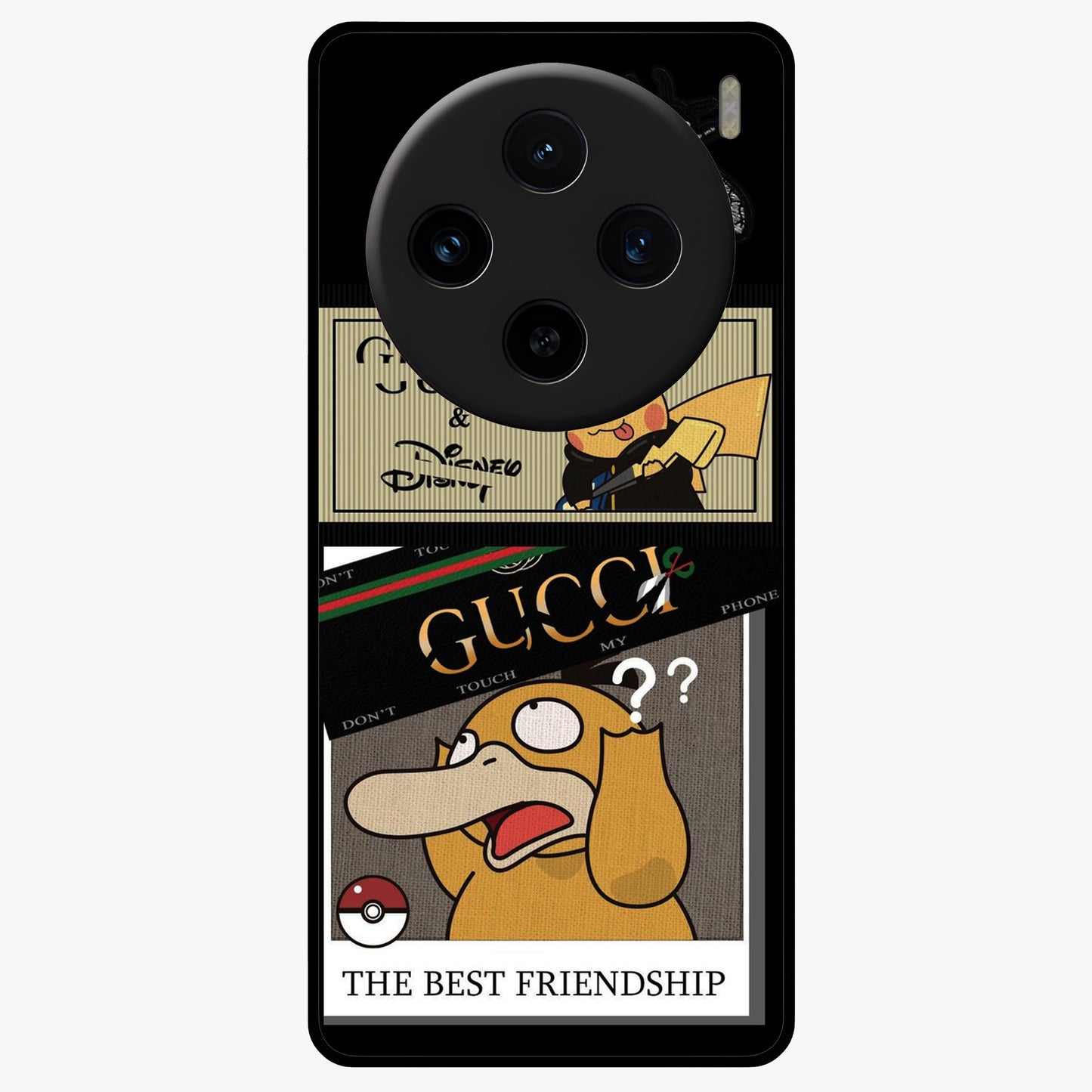 Gucci Play Mashup Glass Case showing flat back view with luxury inspired graphic artwork and glossy glass finish.