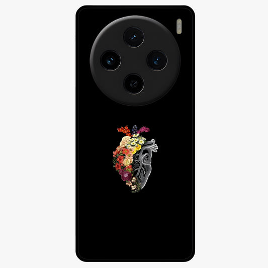 Heart With Flowers Glass Case showing flat back view with heart shaped floral artwork and glossy glass finish.