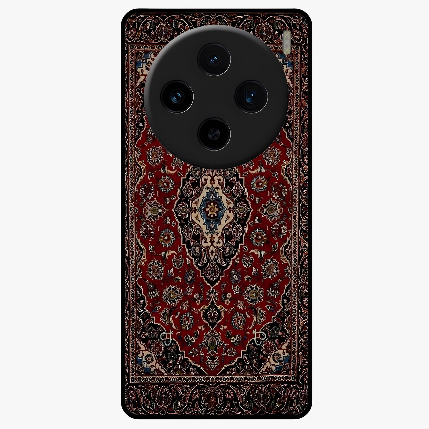 Heritage Carpet Royale Glass Case showing flat back view with ornate Persian carpet inspired pattern and glossy glass finish.