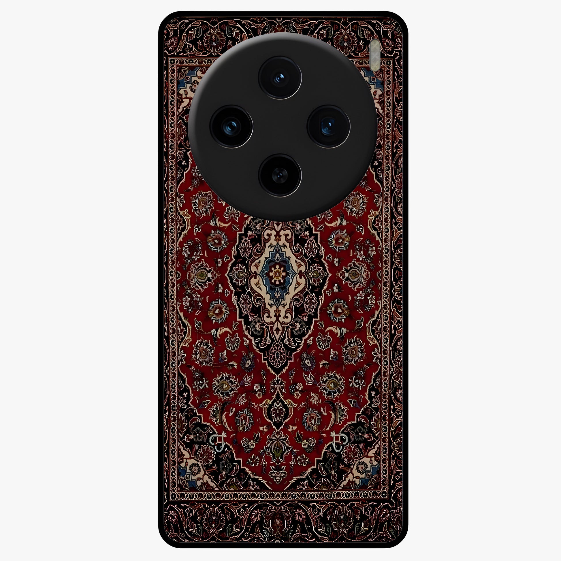 Heritage Carpet Royale Glass Case showing flat back view with ornate Persian carpet inspired pattern and glossy glass finish.