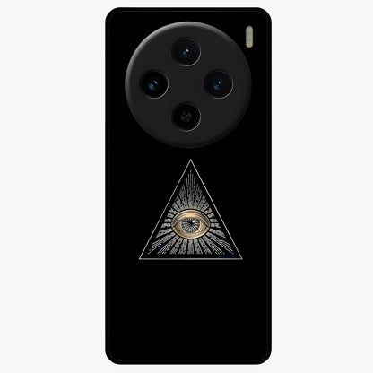 Illuminati Evil Glass Case showing flat back view with mysterious illuminati symbol artwork and glossy glass finish.