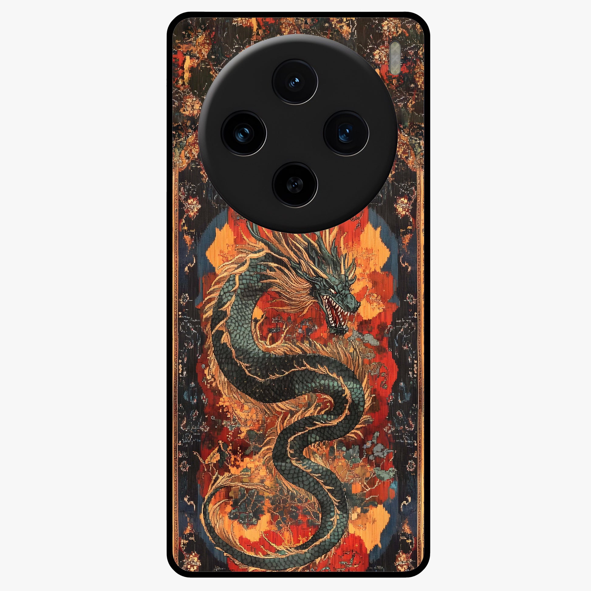 Inferno Dragon Soul Glass Case showing flat back view with fiery dragon artwork and glossy glass finish.