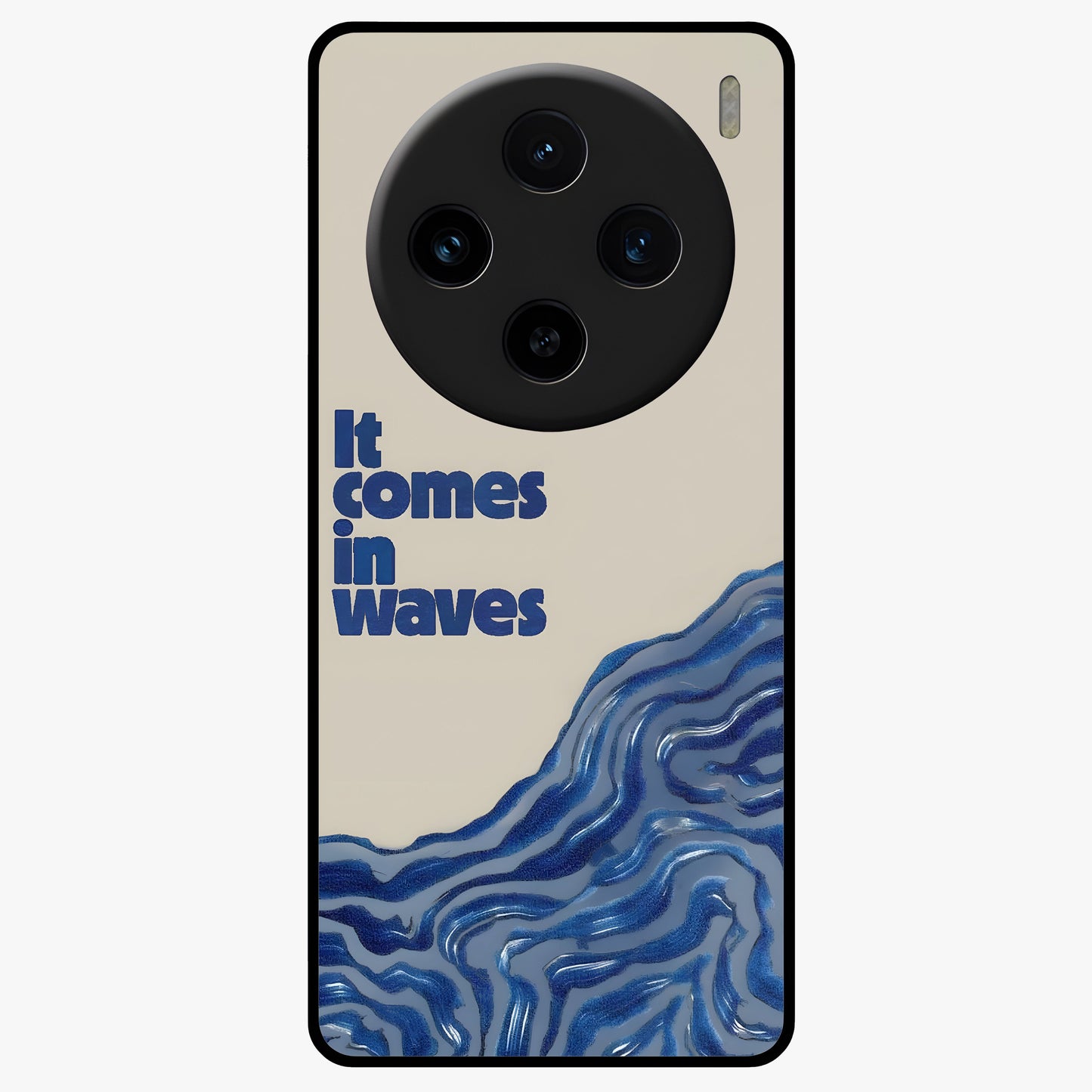 It Comes In Waves Quote Glass Case showing flat back view with inspirational wave themed quote artwork and glossy glass finish.