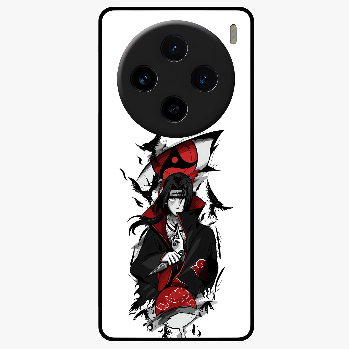 Itachi Sharingan Glass Case showing flat back view with powerful anime eye artwork and glossy glass finish.