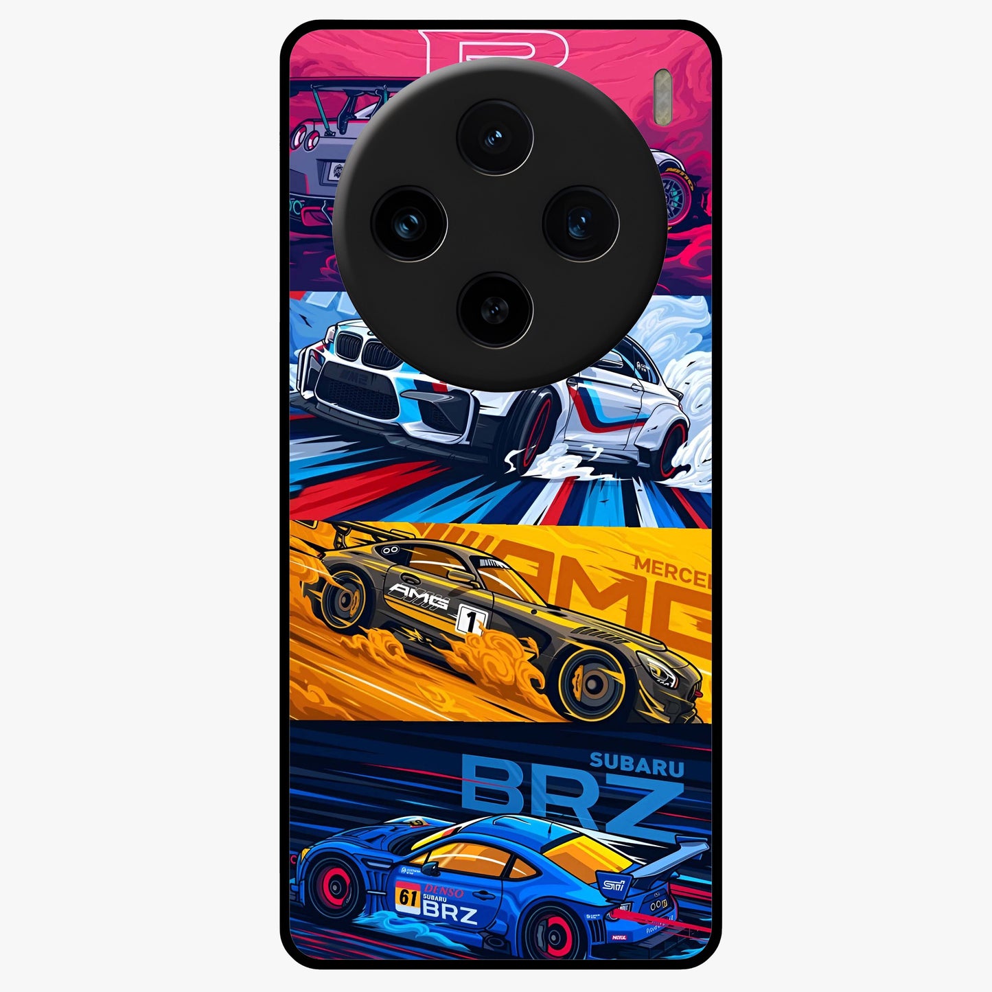 JDM Sports Car Glass Case showing flat back view with high performance sports car artwork and glossy glass finish.