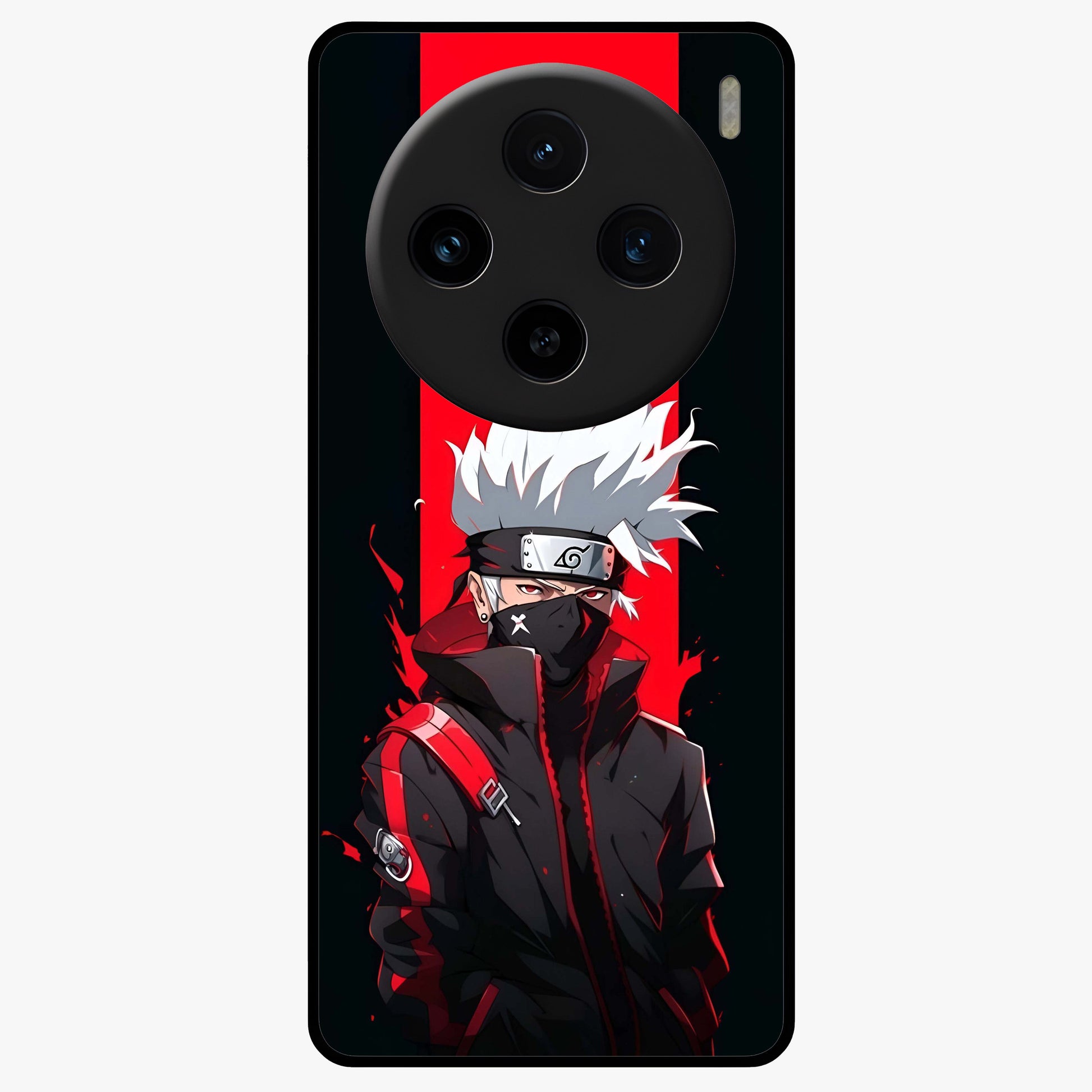 Kakashi Scarlet Shadow Glass Case showing flat back view with powerful anime ninja artwork and glossy glass finish.