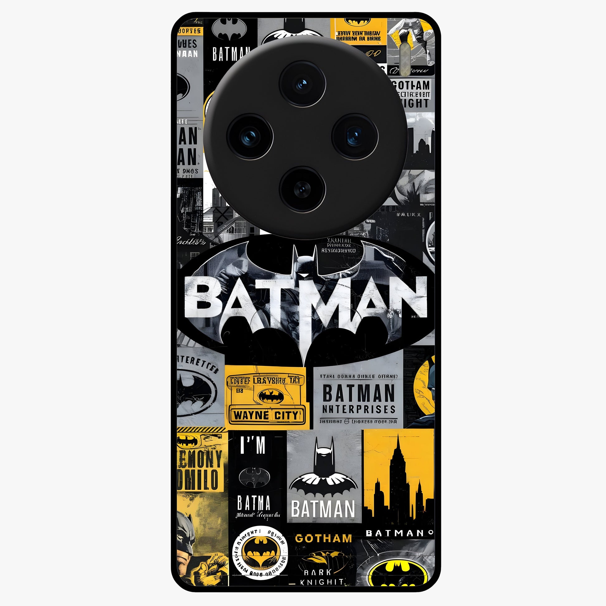 Knight Gotham Rise Glass Case showing flat back view with dark hero inspired artwork and glossy glass finish.