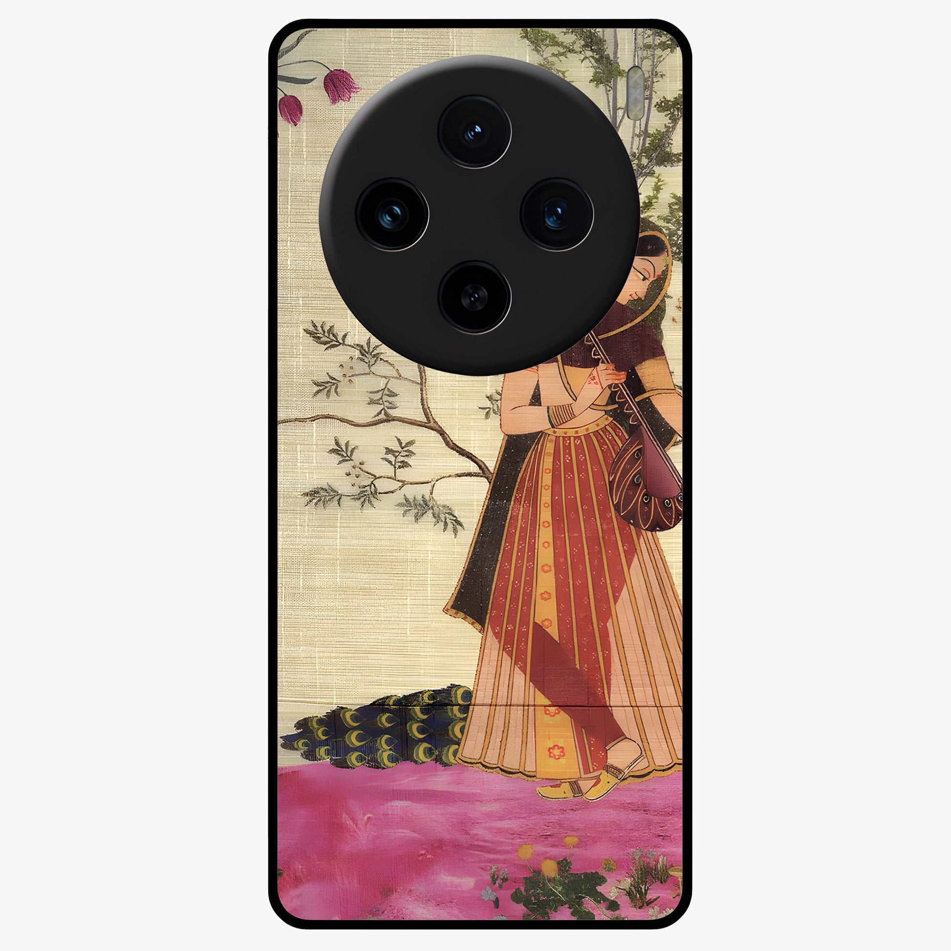 Lady With Veena Art Glass Case showing flat back view with elegant woman playing veena artwork and glossy glass finish.