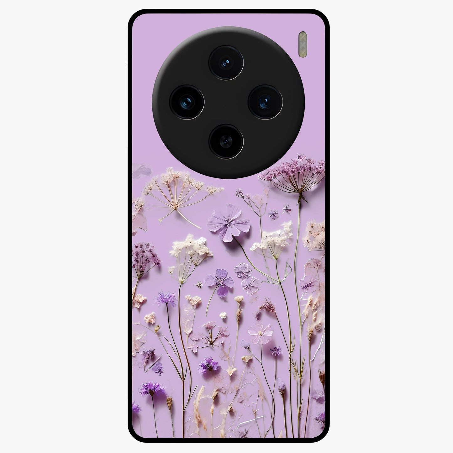 Lavender Blossom Dream Glass Case showing flat back view with soft lavender floral artwork and glossy glass finish.