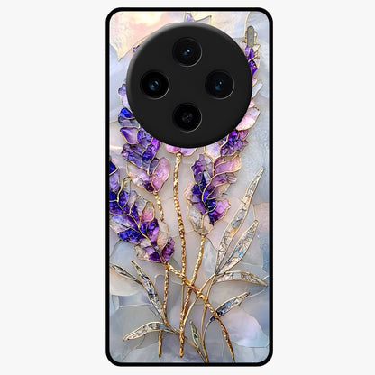 Lavender Dream Glow Glass Case showing flat back view with glowing lavender aesthetic artwork and glossy glass finish.