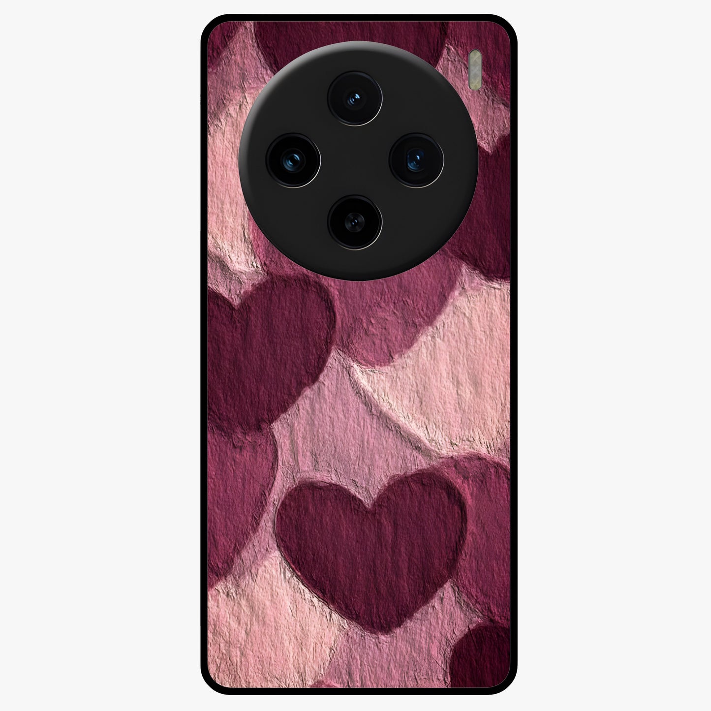 Layered Paper Hearts Glass Case showing flat back view with layered paper heart artwork and glossy glass finish.