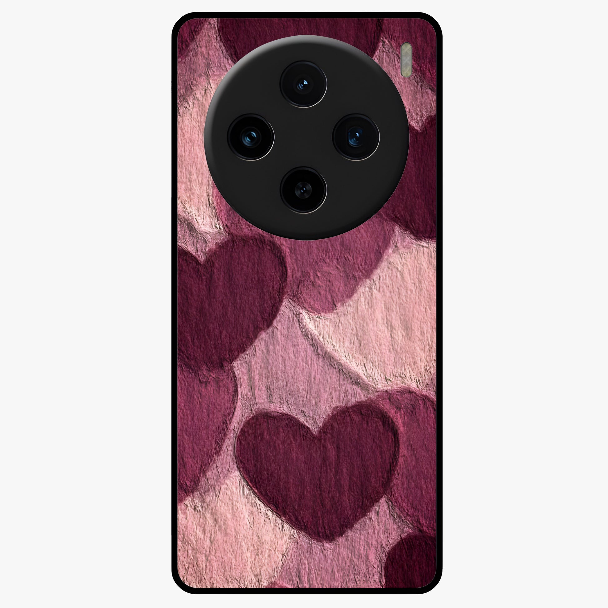 Layered Paper Hearts Glass Case showing flat back view with layered paper heart artwork and glossy glass finish.