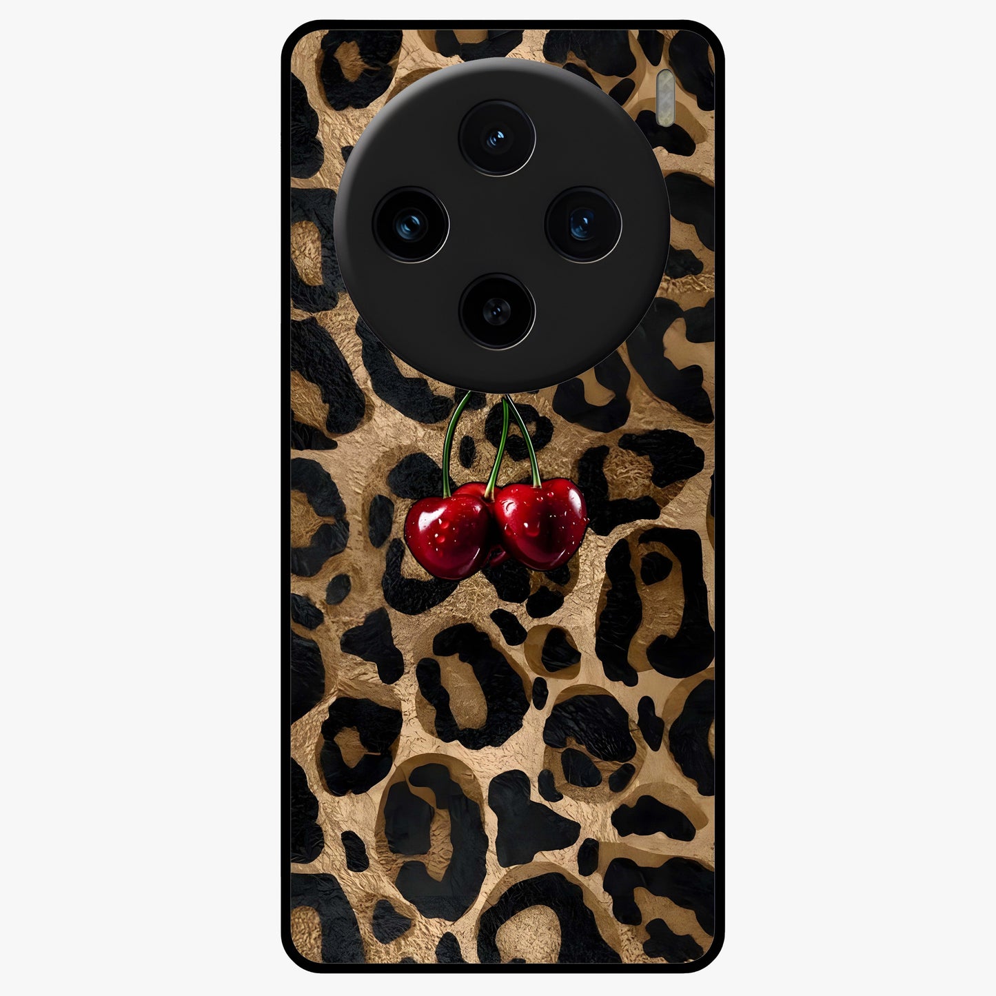 Leopard Wild Cherry Glass Case showing flat back view with leopard pattern and cherry artwork and glossy glass finish.