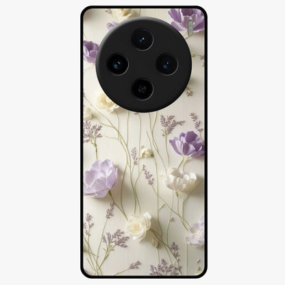 Lilac Breeze Harmony Glass Case showing flat back view with soft lilac themed artwork and glossy glass finish.