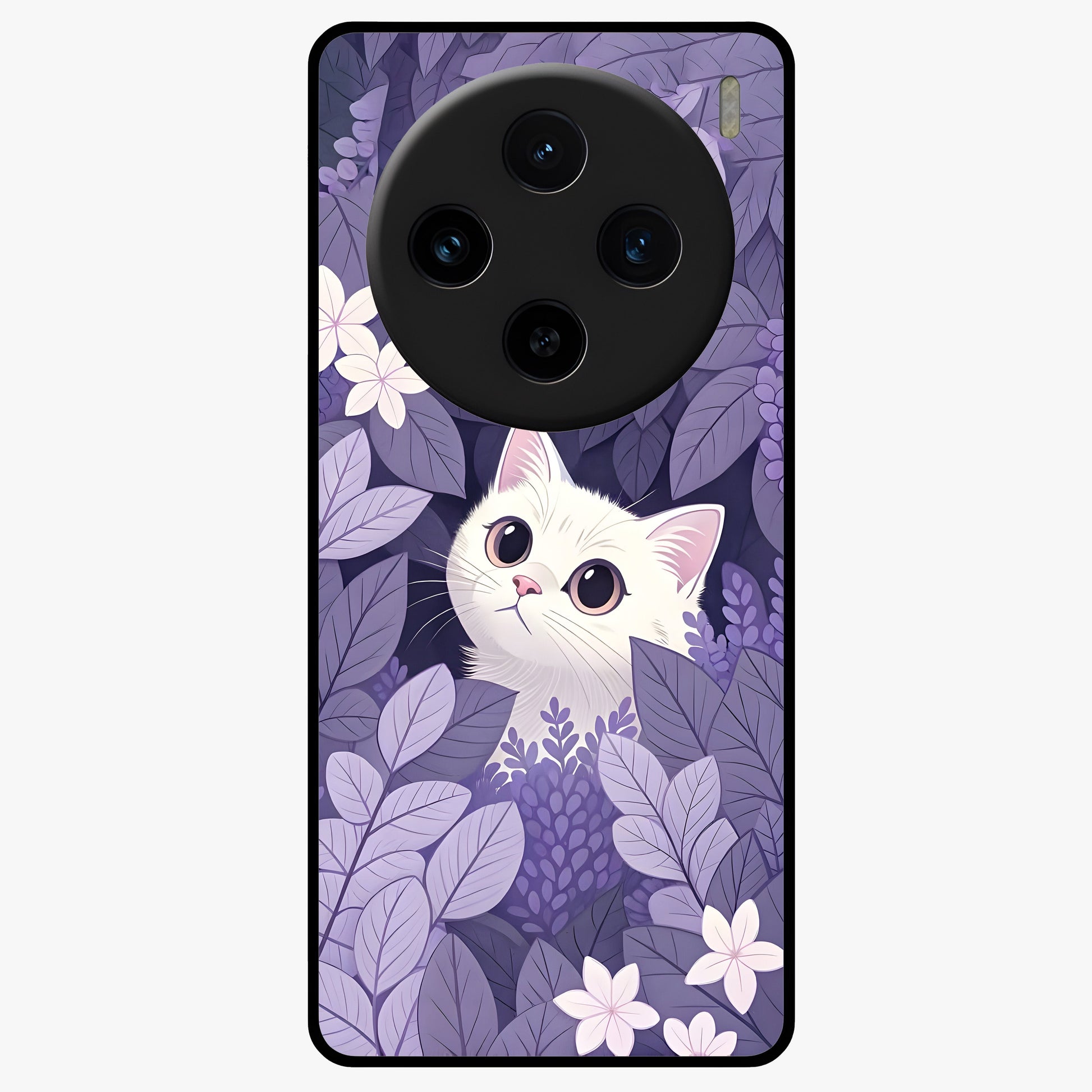 Lilac Hide Peek Cat Glass Case showing flat back view with cute peeking cat artwork and glossy glass finish.