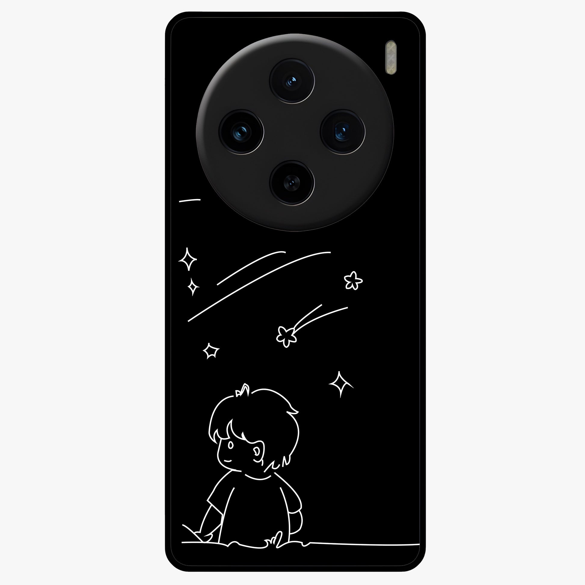 Line Art Boy With Shooting Stars Glass Case showing flat back view with minimal line art boy and shooting stars illustration and glossy glass finish.