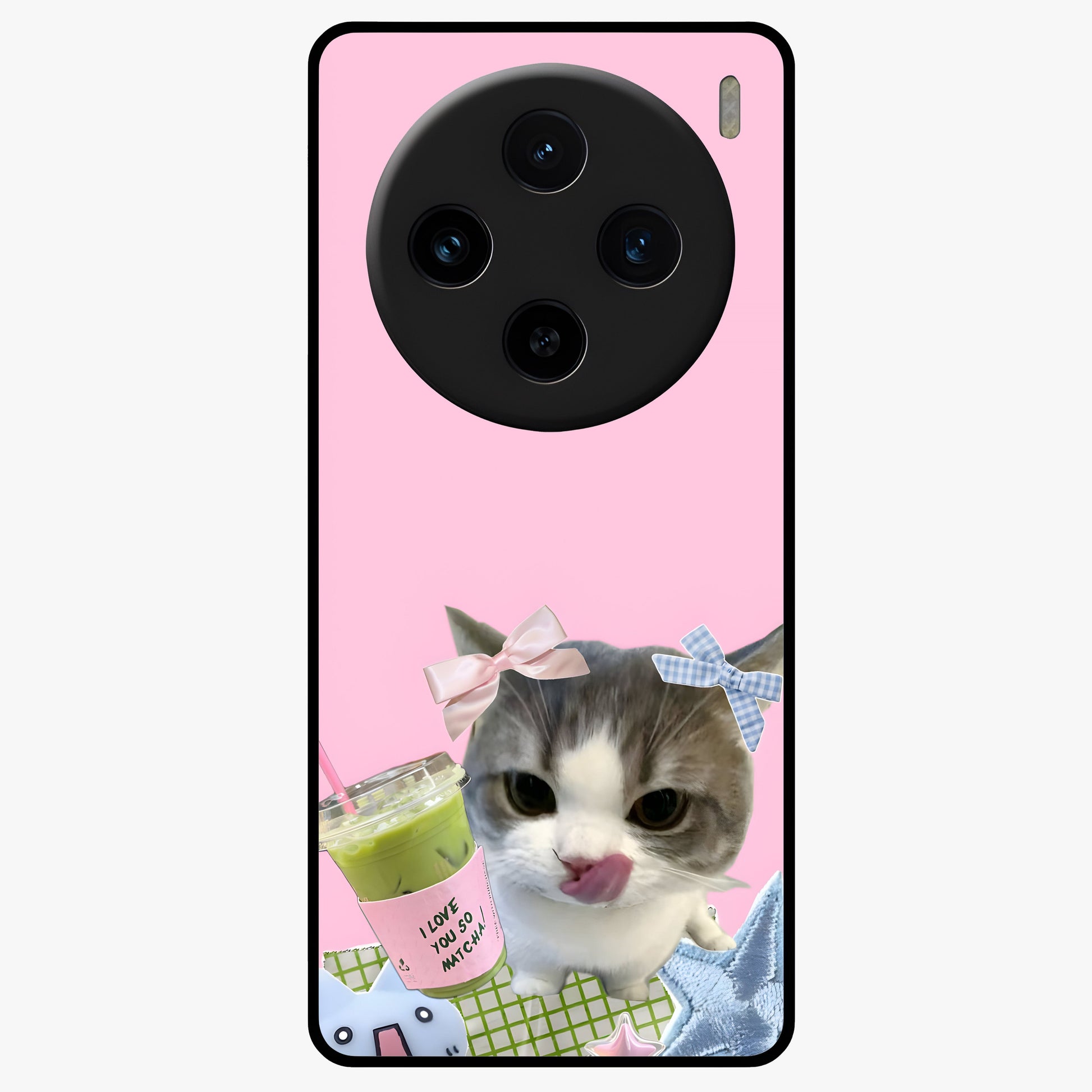 Love Matcha Cat Glass Case showing flat back view with cute cat and matcha themed artwork and glossy glass finish.