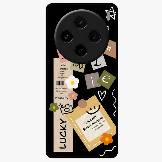 Lucky Aesthetic Collage Glass Case showing flat back view with trendy aesthetic collage artwork and glossy glass finish.