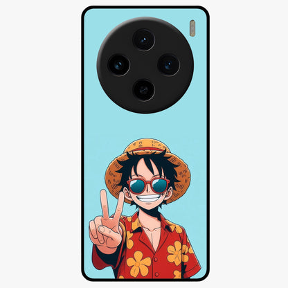 Luffy Summer Anime Vibe Glass Case showing flat back view with vibrant anime character artwork and glossy glass finish.