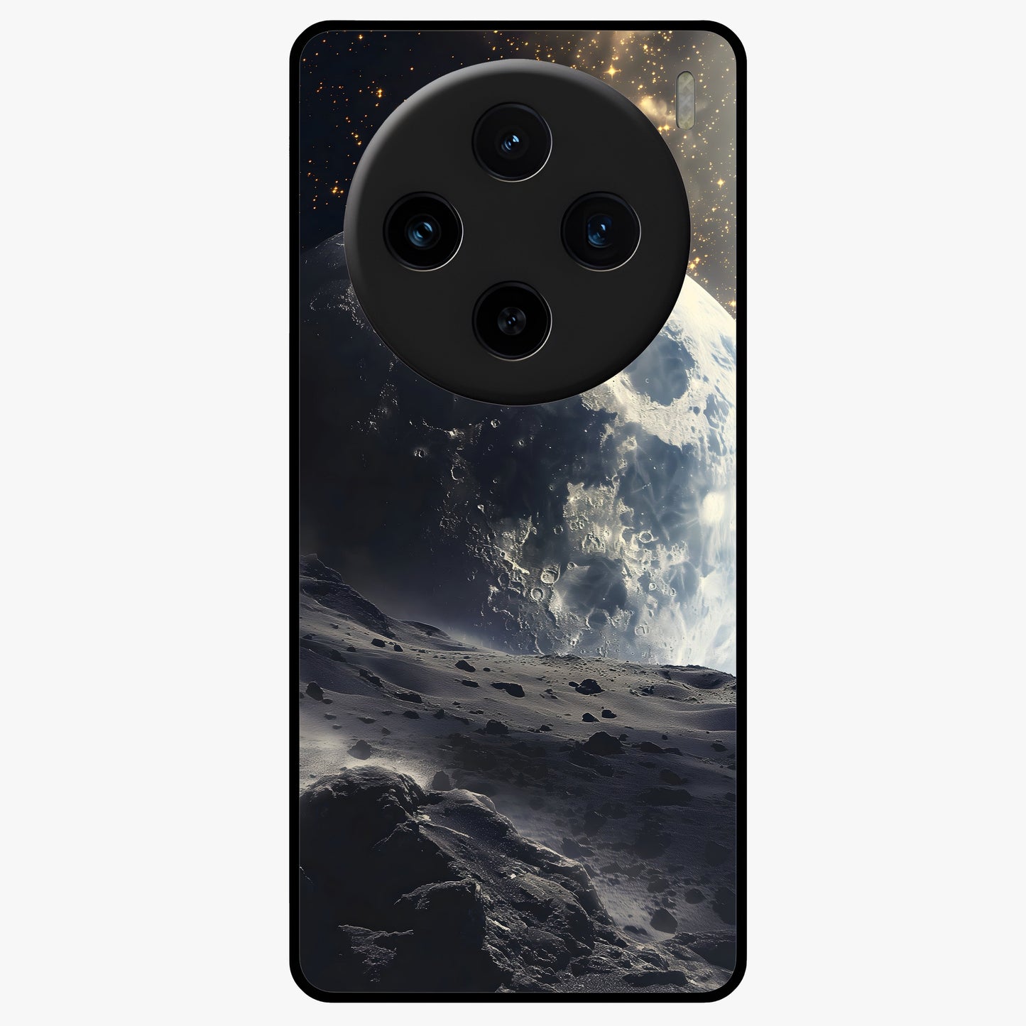 Lunar Horizon Glow Glass Case showing flat back view with glowing moon horizon artwork and glossy glass finish.
