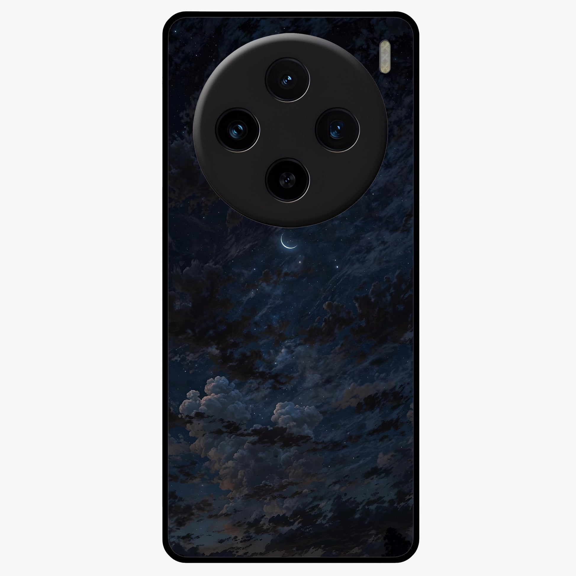 Lunar Veil Silence Glass Case showing flat back view with mystical moon veil artwork and glossy glass finish.