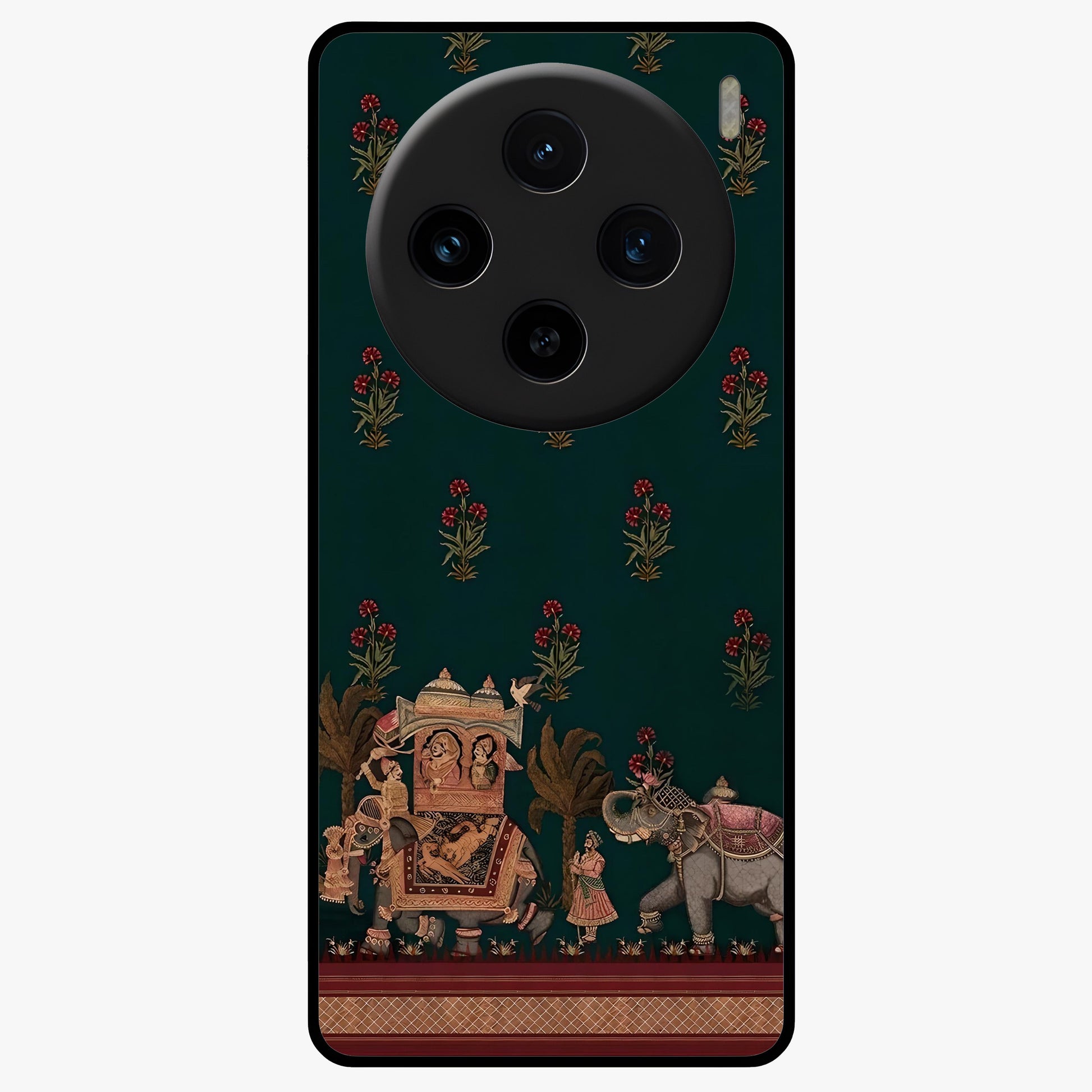 Macmerise Glass Case showing flat back view with stylish modern artwork and glossy glass finish.