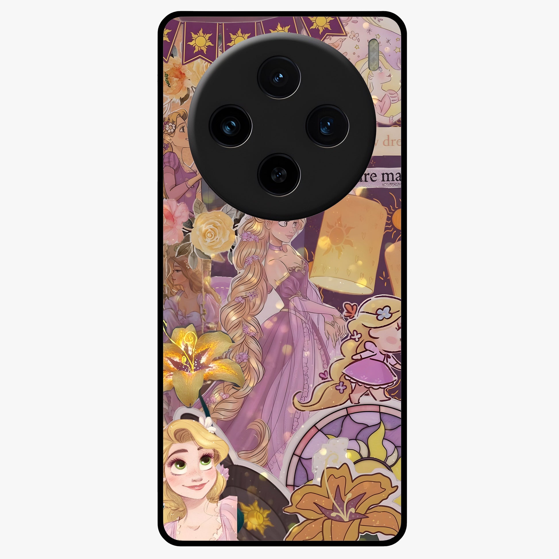Magical Tangled Dream Glass Case showing flat back view with dreamy tangled artwork and glossy glass finish.
