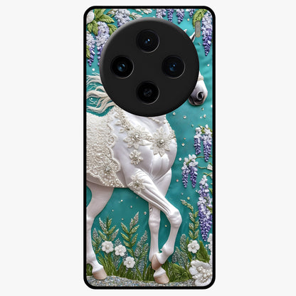 Majestic Floral Stallion Glass Case showing flat back view with powerful horse and floral artwork and glossy glass finish.