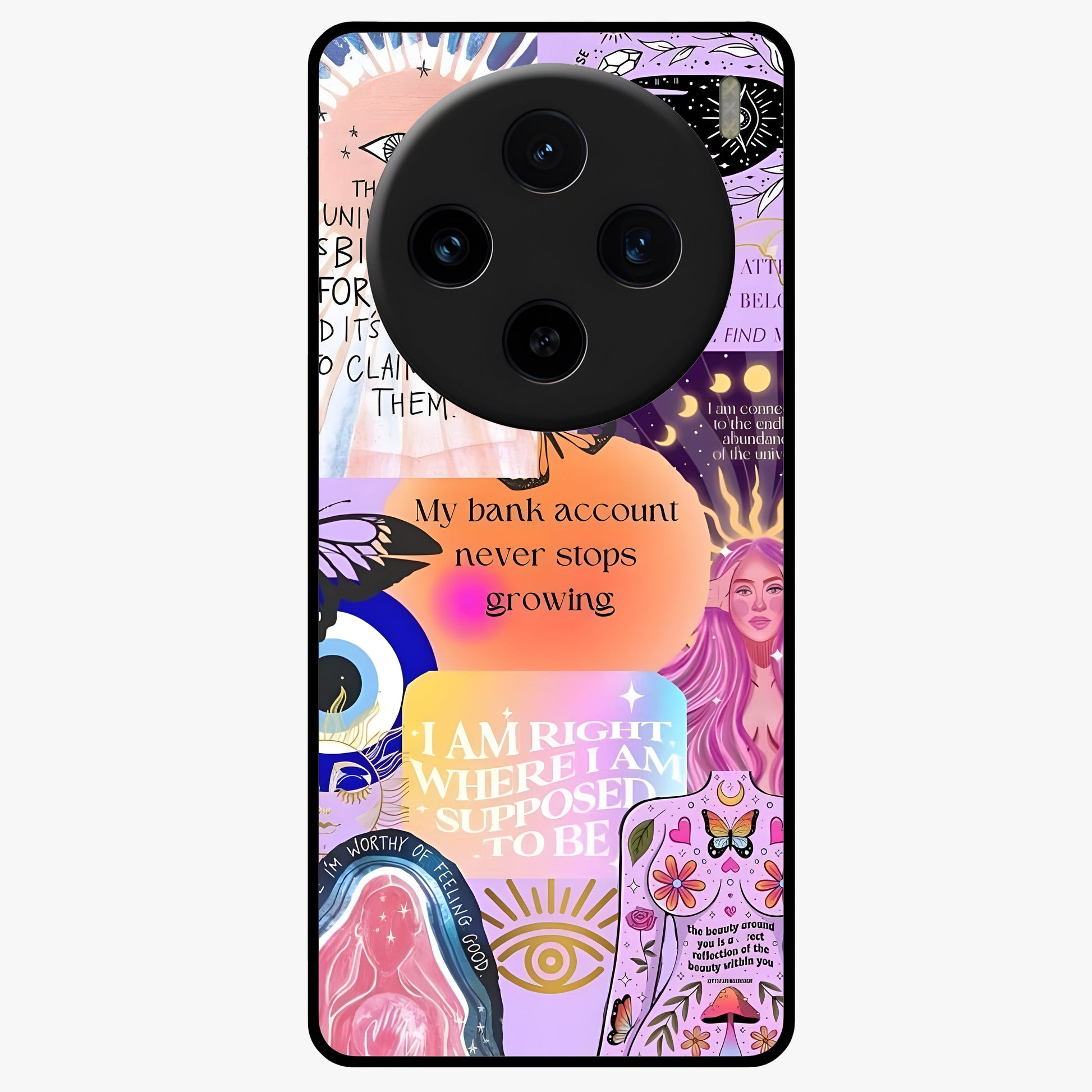 Manifestation Collage Glass Case showing flat back view with motivational collage artwork and glossy glass finish.