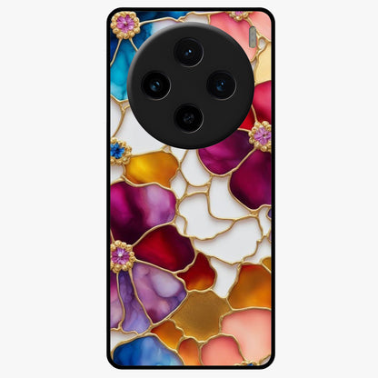 Marble Flower Pattern Glass Case showing flat back view with marble texture floral artwork and glossy glass finish.