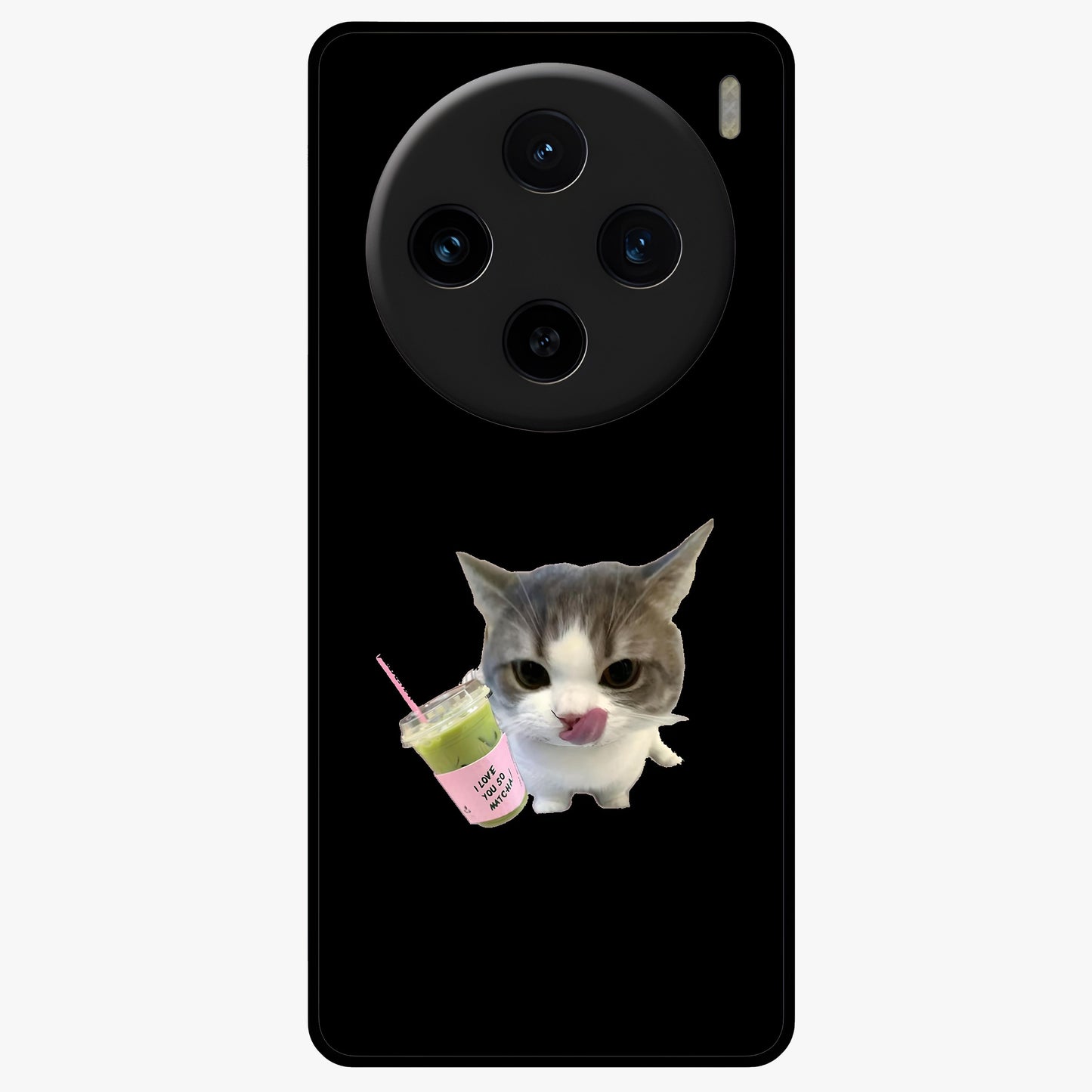 Matcha Cat Style Glass Case showing flat back view with cute matcha themed cat artwork and glossy glass finish.
