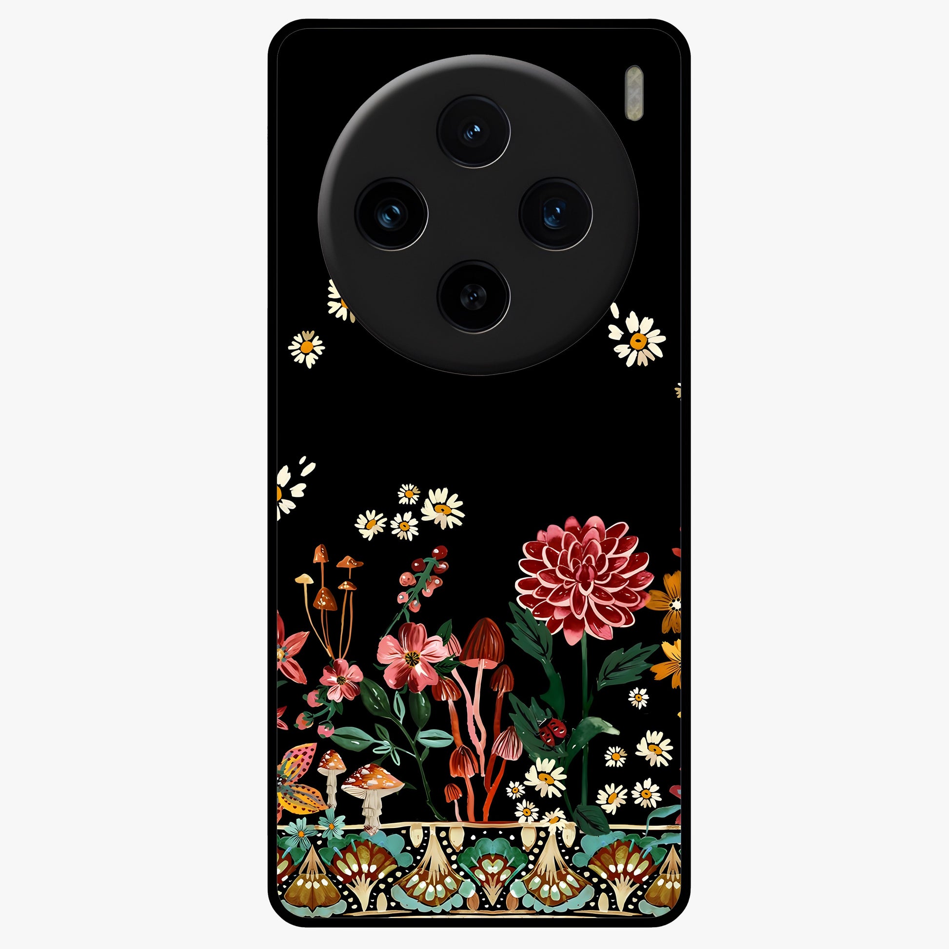 Midnight Bloom Pattern Glass Case showing flat back view with dark floral pattern artwork and glossy glass finish.