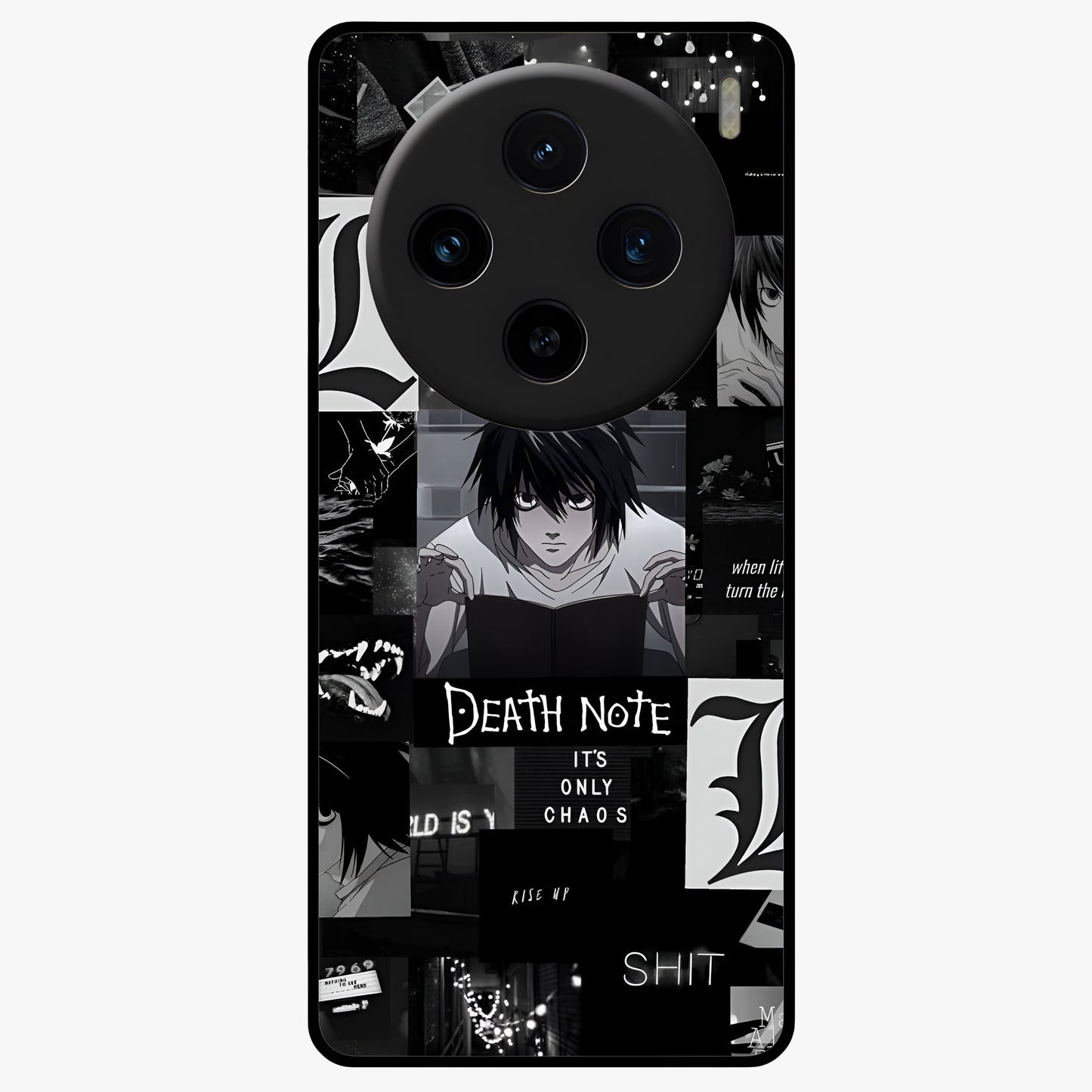 Midnight Chaos Mind Glass Case showing flat back view with abstract dark themed artwork and glossy glass finish.