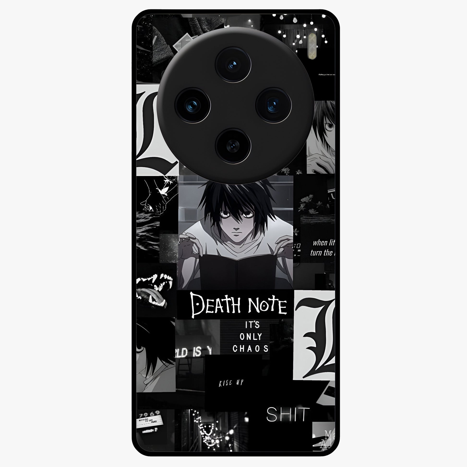 Midnight Chaos Mind Glass Case showing flat back view with abstract dark themed artwork and glossy glass finish.