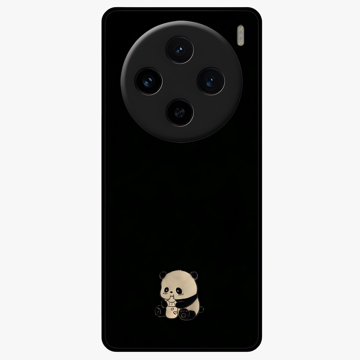 Midnight Panda Love Glass Case showing flat back view with cute panda themed artwork and glossy glass finish.