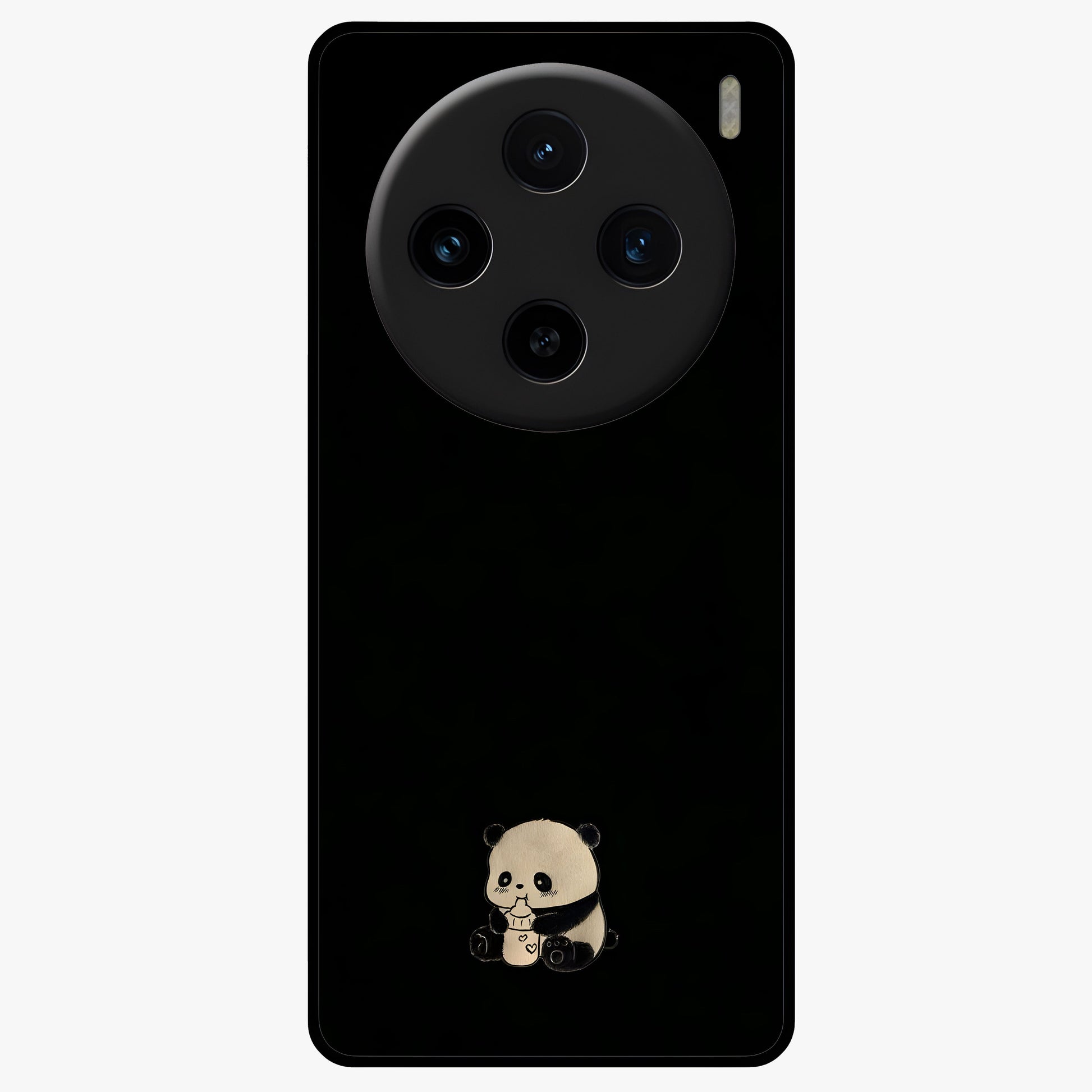 Midnight Panda Love Glass Case showing flat back view with cute panda themed artwork and glossy glass finish.