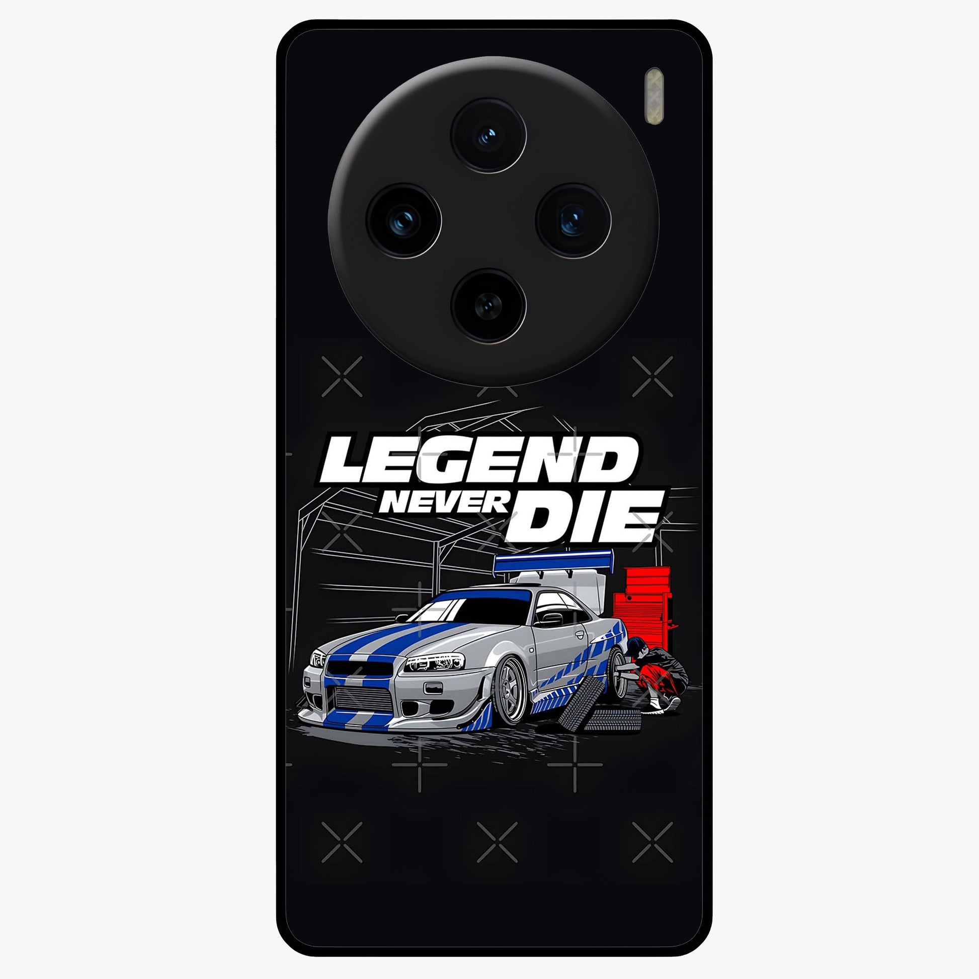 Midnight Racing Legacy Glass Case showing flat back view with sleek racing inspired artwork and glossy glass finish.