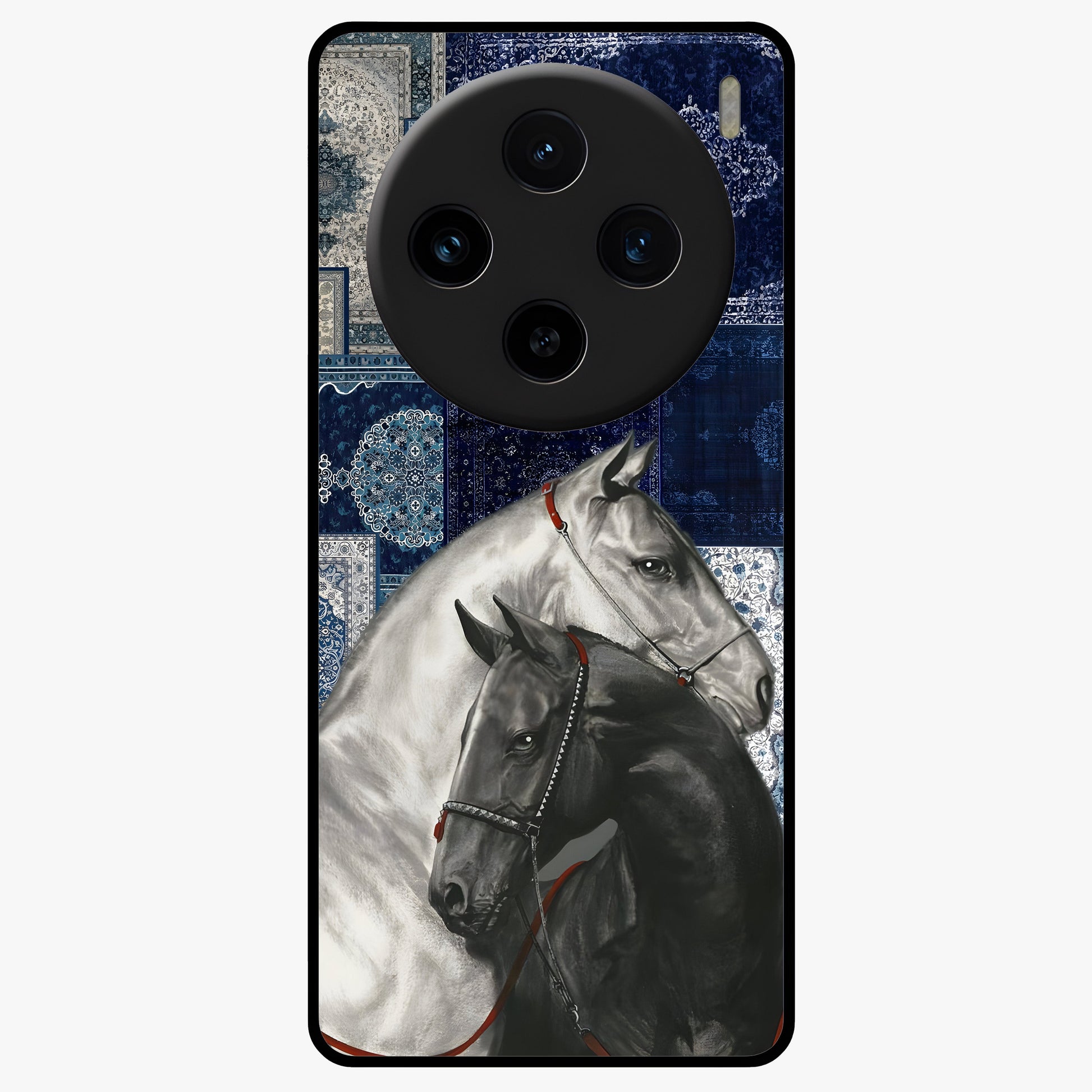 Midnight Stallion Blues Glass Case showing flat back view with majestic horse artwork and glossy glass finish.