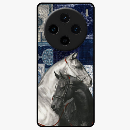 Midnight Stallion Blues Glass Case showing flat back view with majestic horse artwork and glossy glass finish.