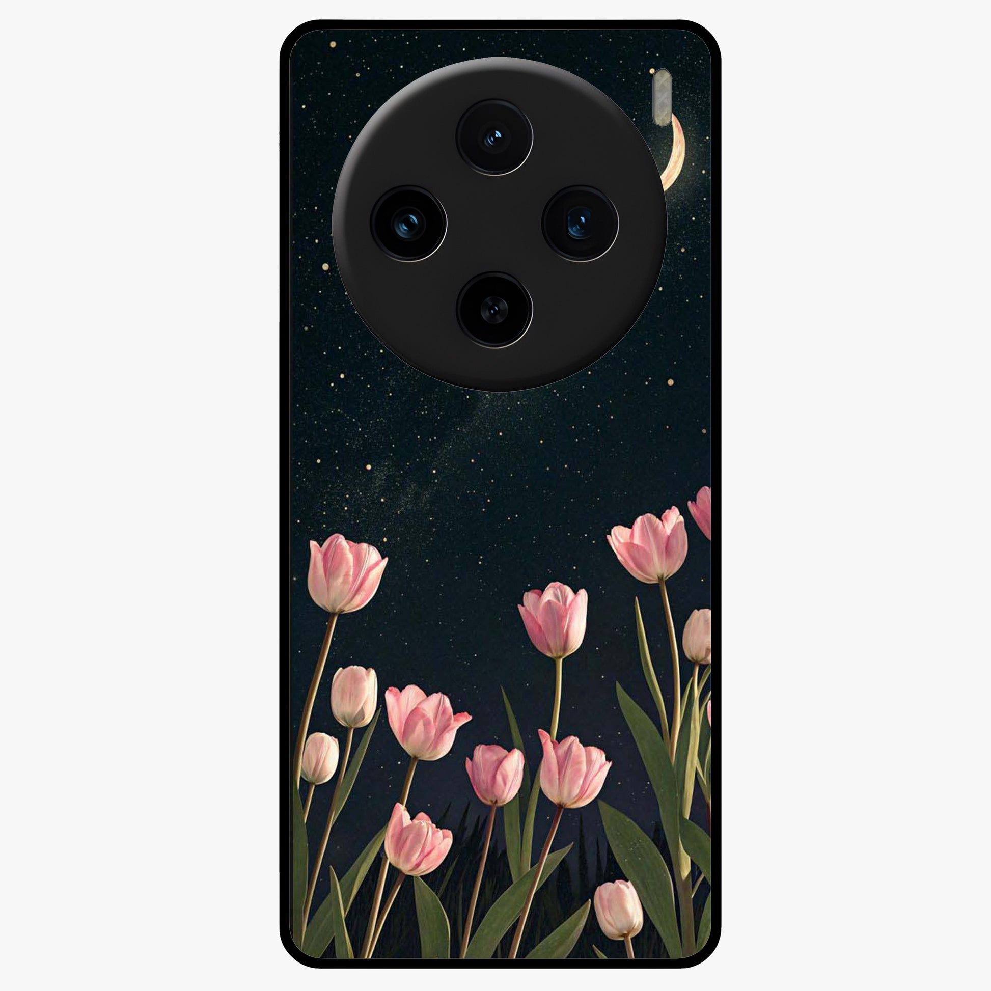 Midnight Tulip Whispers Vibe Glass Case showing flat back view with elegant tulip flower artwork and glossy glass finish.