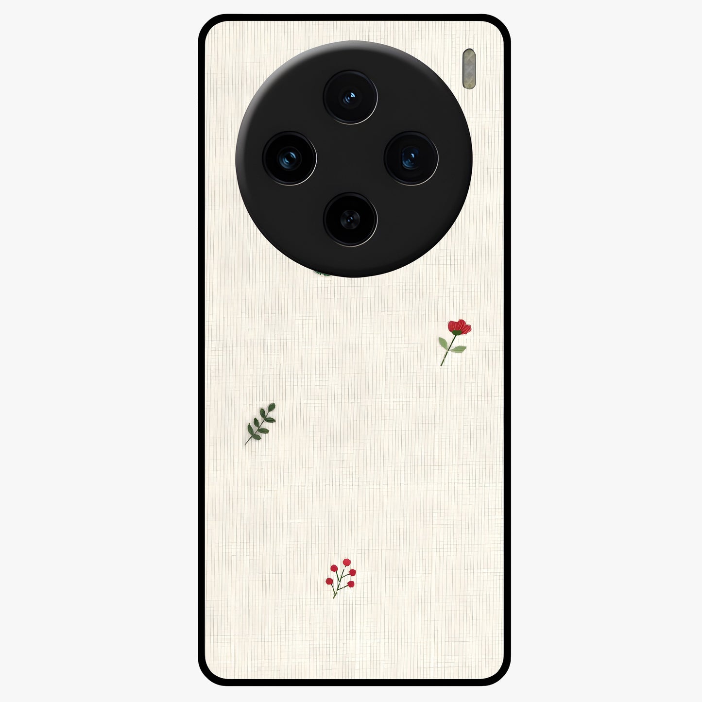 Minimal Petal Whispers Glass Case showing flat back view with soft minimal floral artwork and glossy glass finish.
