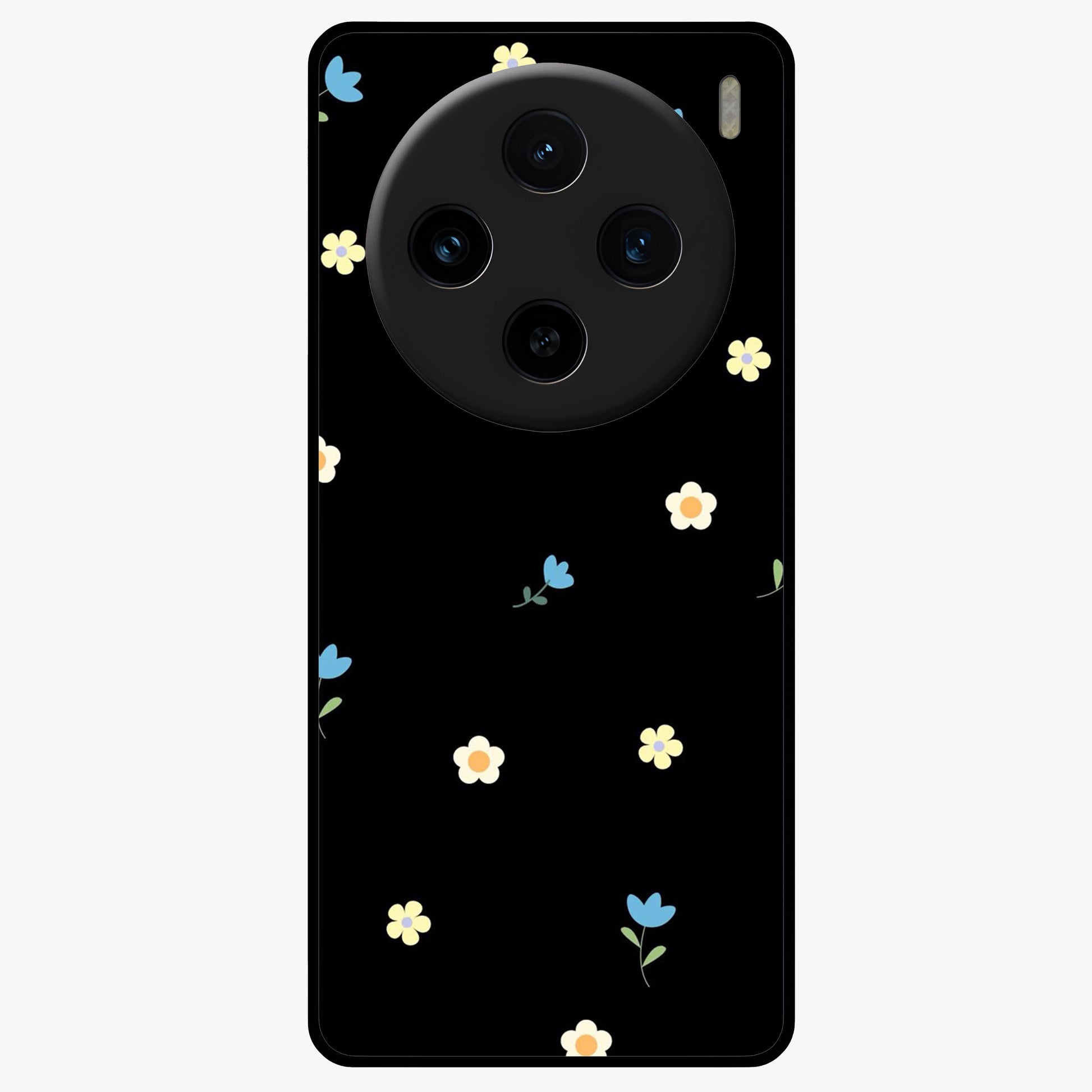 Minimalistic Blue With White Flower Pattern Glass Case showing flat back view with blue background and white flower pattern and glossy glass finish.