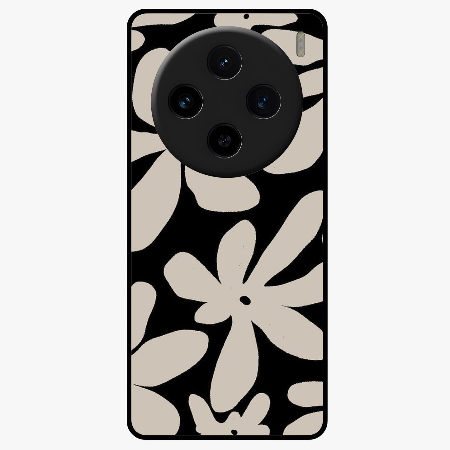 Monochrome Petal Dance Glass Case showing flat back view with monochrome floral artwork and glossy glass finish.